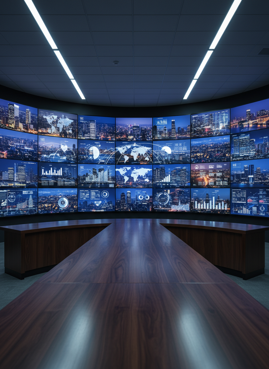 A sleek, modern newsroom-style desk made of dark walnut with a satin finish, positioned before a large curved wall of high-resolution digital screens. Each screen shows different global city skylines at dusk, glowing with pinpoints of light, alongside clean data visualizations and world maps. The lighting is a balanced mix of cool overhead studio lights and the ambient glow from the displays, casting controlled reflections on the desk’s surface. The scene is composed from a slightly elevated, wide-angle perspective, with sharp focus throughout, emphasizing organization and clarity. Photographic realism with a clean, contemporary aesthetic, creating a mood of serious, focused, high-level global political analysis without any human presence, just sophisticated tools and information.
